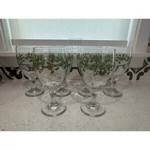 Set of 6 Vintage Libbey Christmas Holly Berry Iced Tea Water Goblets Holiday 7”